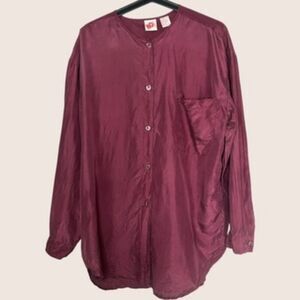 🍷 VTG NO BOUNDARIES 100% SILK BUTTON UP COLLARLESS BLOUSE BURGUNDY WINE OSFM